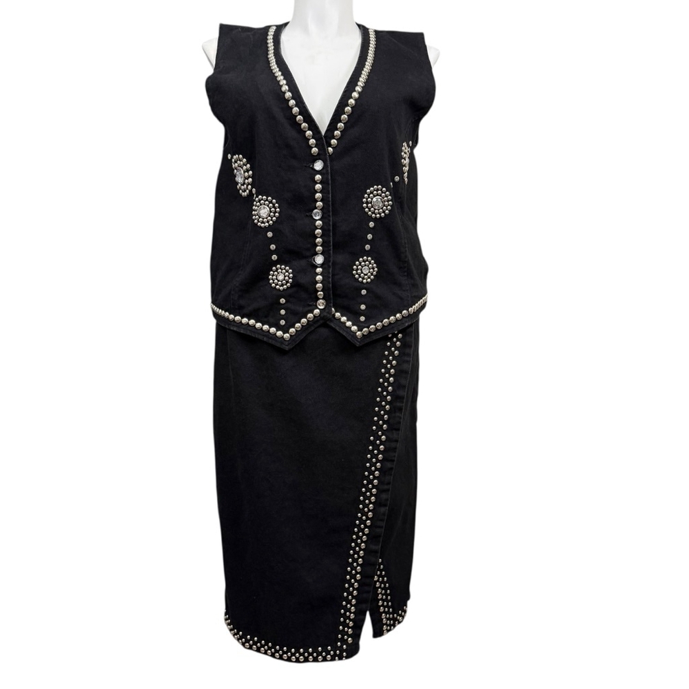 Vintage Apache Black Studded Western Vest & Skirt Set Cotton USA XL 2X